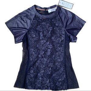 Byron Lars Beauty Mark See Through Lace Short Sleeve Navy Blue Top Size 4 NWT